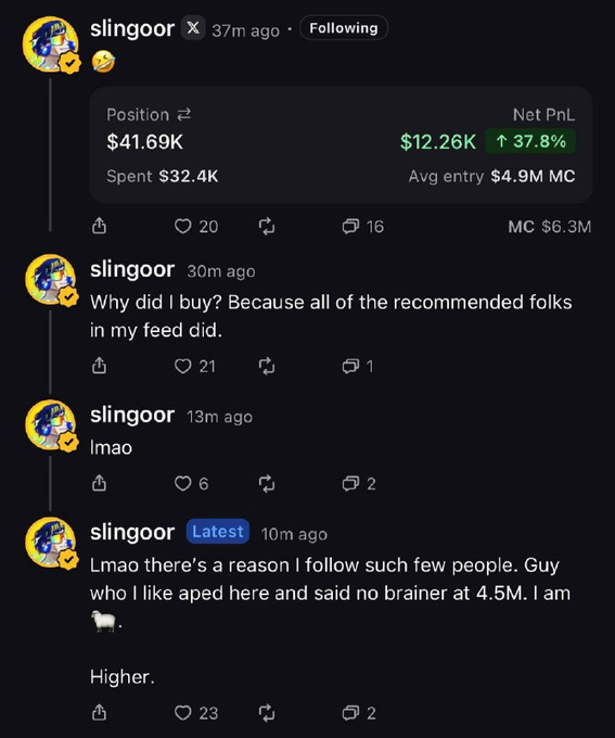 The image shows a series of posts from user "slingoor" on a social platform, displaying a position worth $41.69K with a net PnL of $12.26K (up 37.8%) from a $32.4K spend with an average entry of $4.9M MC. The trader jokes in follow-up posts about following their gut ("Guy who I like aped here and said no brainer at 4.5M") rather than just copying popular calls, connecting to the caption's message about finding and following the right people on Pumpfun for profitable trades.