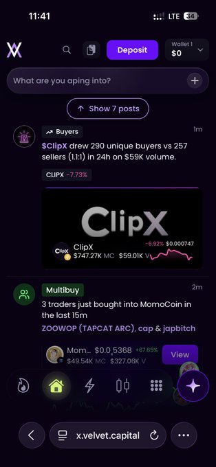 A mobile screenshot of the X (Twitter) app showing a feed on 'x.velvet.capital', highlighting posts about 'ClipX' having 290 unique buyers and a price drop of -7.73%, and another about MomoCoin traded by 3 traders.