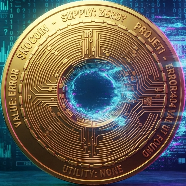 A golden Bitcoin-style cryptocurrency coin featuring circuit board designs and text like 'SUPPLY: ZERO', 'VALUE: ERROR', 'PROJECT: ERROR:404 VAL UT FOUND', and 'UTILITY: NONE' floating against a digital blue background with binary code.