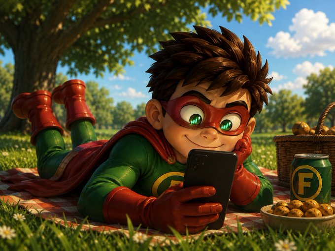 A stylized 3D animated boy dressed as a superhero with a red mask, green suit, and red cape lies on a picnic blanket, smiling at a smartphone, with a picnic basket and a green 'F' can nearby.