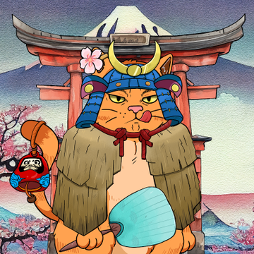 A cartoon samurai cat with horned armor stands in front of a Japanese temple and Mt. Fuji, holding a fan and a doll, in a watercolor-style illustration promoting the "First cats on RobinHood Chain" giveaway offering 15 GTD spots for @0xCatana.