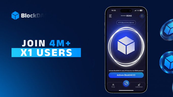 The image is a promotional graphic for BlockDAG featuring a smartphone displaying the "BDAG" app interface with an "Activate BlockDAG X1" button, alongside bold text reading "JOIN 4M+ X1 USERS" that highlights the milestone referenced in the post.