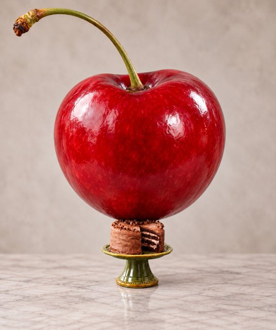 A glossy red cherry with a curved stem sits atop a slice of chocolate cake displayed on a small golden pedestal, set against a soft beige marble background. The image visually represents "RL Cherry" elegantly perched above "LeCake," suggesting the cherry is outperforming or overshadowing the cake.