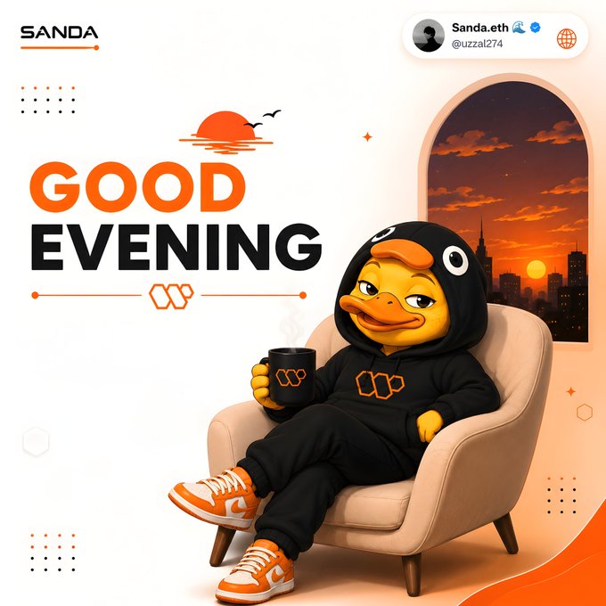 The image features a cartoon duck sitting comfortably in an orange chair while holding a coffee cup, possibly enjoying a relaxing evening at home or work. The background of the image shows a sunset over a city skyline, creating a serene atmosphere. The caption for the image reads "Good Evening ct @wallchain transforms how onchain behavior generates value, enhancing transactions with improved functionality, efficiency, and rewards for Web3 users. with @3look_io social engagement could be sidelined to yield meaningful real world opportunities through".