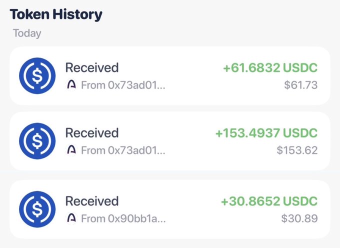 A 'Token History' screenshot showing three received USDC transactions totaling over $246 from wallet addresses starting with '0x73ad01' and '0x90bb1a'.