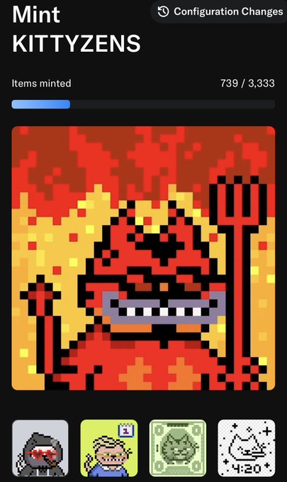 A mobile screen showing the minting interface for "KITTYZENS" with 739 of 3,333 items minted, displaying a red pixel-art devil creature.