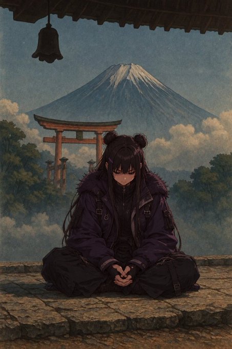 An anime-style illustration depicting a character with dark hair sitting cross-legged on stone paving, with a torii gate, Mount Fuji, and clouds in the background, plus a bell hanging above.