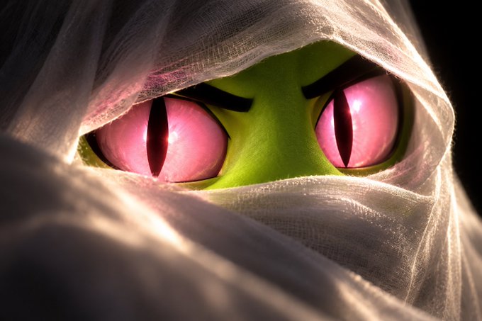 A close-up 3D render shows a green creature's face with large pink eyes peering out from under a white cloth hood.