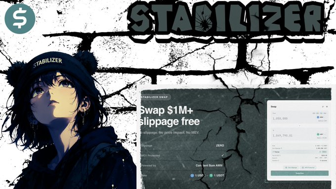 An anime-style character wearing a "STABILIZER" beanie is featured alongside a crypto swap interface advertising "Swap $1M+ slippage free" with ZENIQ branding.