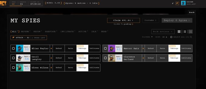 A screenshot from the Spy Inc game shows a "My Spies" dashboard featuring five active spies—Elias Taylor, Winter Ruiz, Cecil Langley, Clarence Garland, and Glenn Wilson—all at Rank 1 and currently on "Infiltrate" missions, with 691.84 claimed and a 0.003 BNB balance. This aligns with the user's caption about earning profits and capturing an NFT through gameplay.