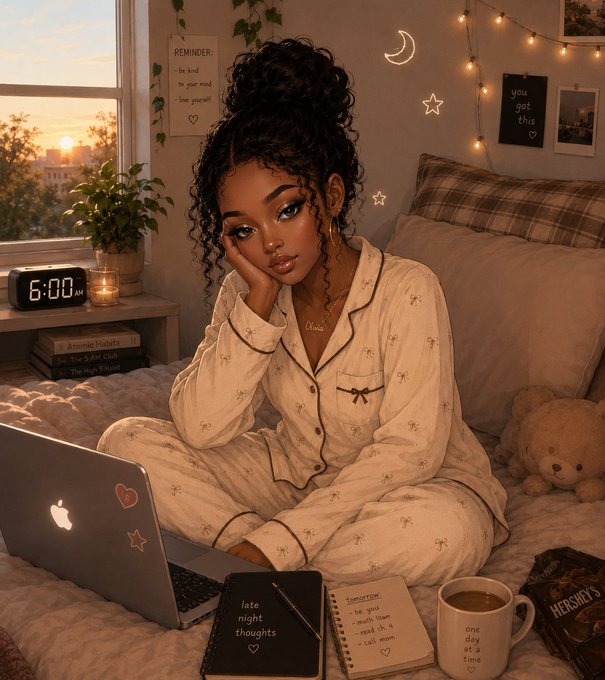 An illustrated image of a young woman with curly hair in a bun, wearing pajamas and resting her head on her hand while looking at a laptop in a cozy bedroom setting decorated with fairy lights, a 'REMINDER' note, and an alarm clock showing 6:00 AM.