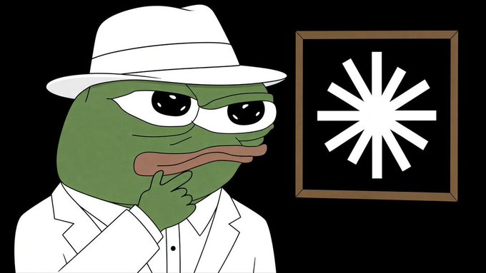 An illustration of a green Pepe the Frog character wearing a white suit and fedora hat, in a thinking pose next to a framed white asterisk/snowflake symbol on a black background.
