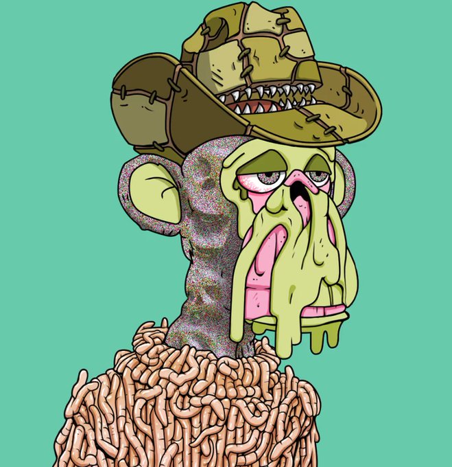 The image features a cartoon monkey wearing a hat, with its face covered by goo or paint. The monkey appears to be wearing a hat that has been altered with goo or paint, giving it an unusual appearance. The background of the image is green, which contrasts with the monkey's face and adds to the overall visual effect. There are also some text elements in the image, including "added another MAYC to the collection", "bored ape yacht club", and "focus on what is in the image".