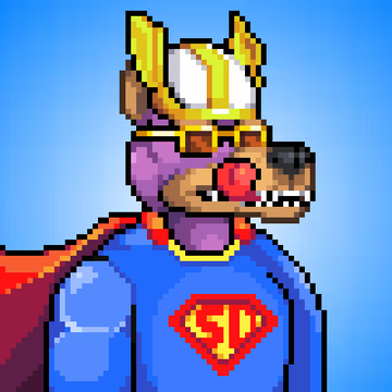 Pixel art of a dog character wearing a Viking helmet, sunglasses, and a Superman costume with the iconic 'S' shield.