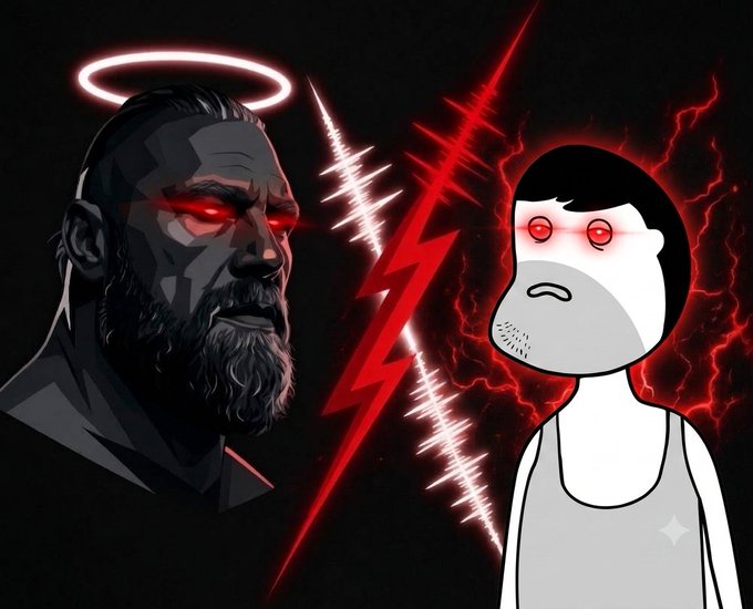 A dramatic illustration showing a bearded warrior with glowing red eyes and a halo on the left, facing off against a simple cartoon figure with glowing red eyes on the right, separated by a red lightning bolt.