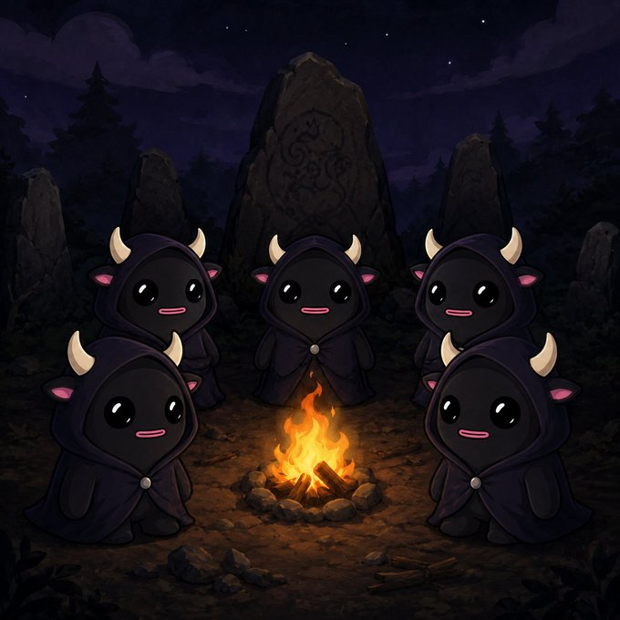 A digital illustration of five cute, black, horned creatures in hooded robes gathered around a campfire at night in front of standing stones with carved symbols.
