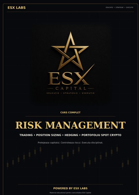 ESX Capital course completion certificate titled 'RISK MANAGEMENT' covering Trading, Position Sizing, Hedging, and Portofoliu Spot Crypto, powered by ESX Labs.