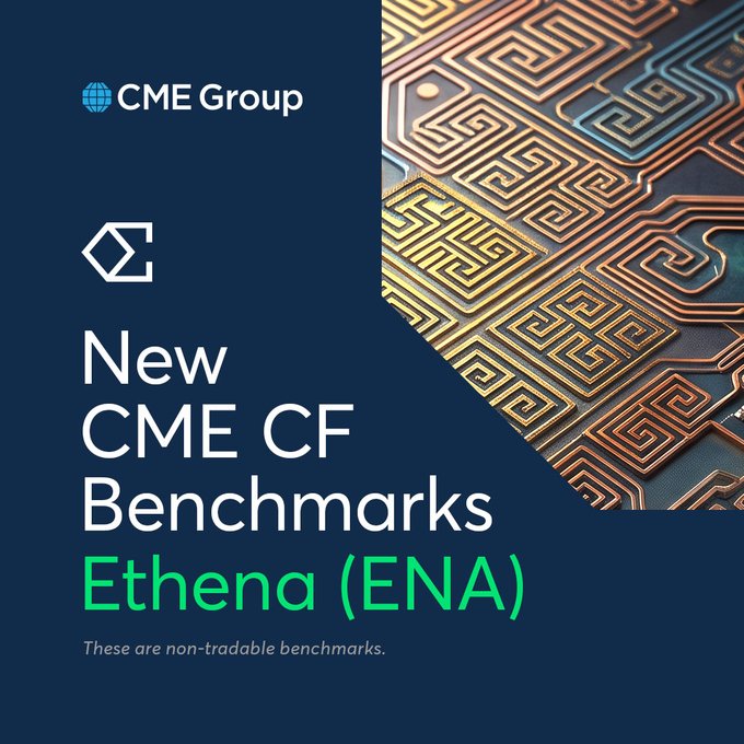CME Group announces the addition of Ethena (ENA) to its CME CF Benchmarks, highlighted by an ornate gold Greek key-patterned design on a navy background with the tagline "These are non-tradable benchmarks." This visual reinforces the post's message about institutional adoption, as ENA's inclusion provides regulated, transparent pricing suitable for derivative contracts, ETF/ETP NAV valuations, and regulatory compliance.
