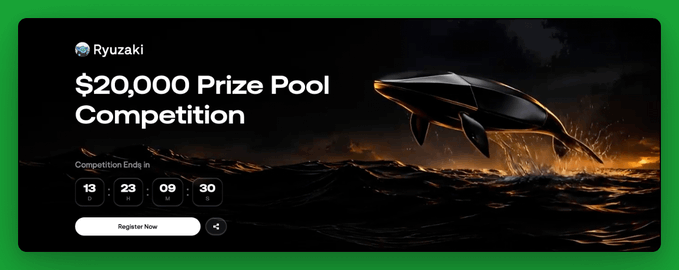 Ryzaki’s “$20,000 Prize Pool Competition” banner promotes a BloFin two-week trading competition, with a countdown showing 13 days, 23 hours, 9 minutes, and 30 seconds. The design features a futuristic flying vehicle over a fiery landscape and a “Register Now” button.