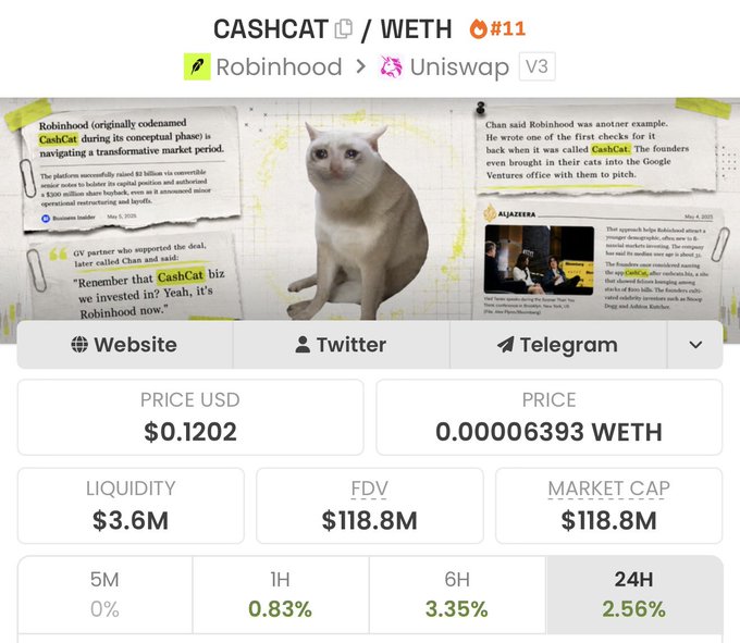 The image shows a cryptocurrency tracker page for **CASHCAT/WETH** (ranked #11), traded on Robinhood and Uniswap V3, with a price of **$0.1202** (0.00006393 WETH), $3.6M liquidity, and an $118.8M market cap. It features a white cat photo alongside news clippings about Robinhood's involvement with CashCat, illustrating the meme token the poster is buying into.