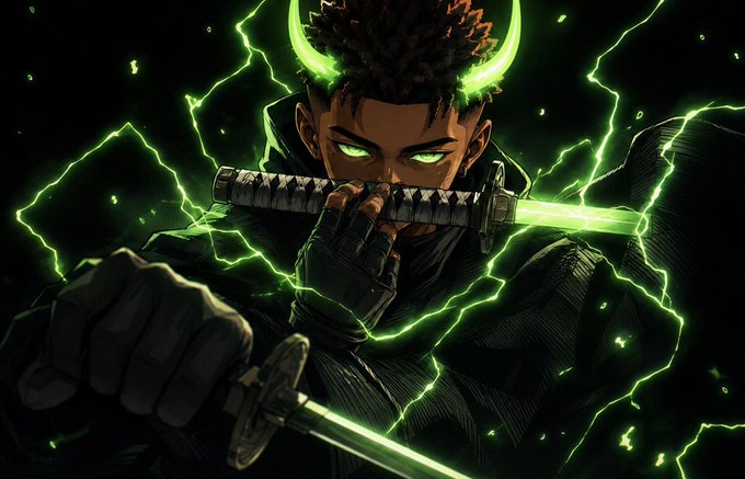 A fierce anime-style warrior with glowing green eyes and an electric green energy aura wields a katana, surrounded by crackling green lightning that matches the vibrant, meme-like aesthetic associated with the "$ANSEM" cryptocurrency community.