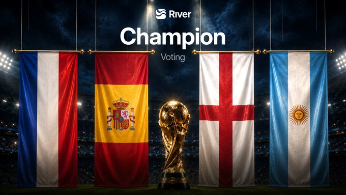A digital graphic titled 'River Champion Voting' displaying the national flags of France, Spain, England, and Argentina hanging in a stadium with the World Cup trophy in the center.