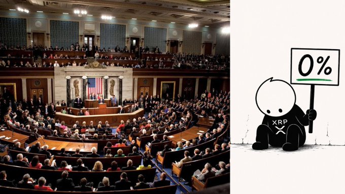The image depicts the U.S. House of Representatives and a cartoon character holding a sign that says "0%", representing the discussed 0% capital gains tax on $XRP.