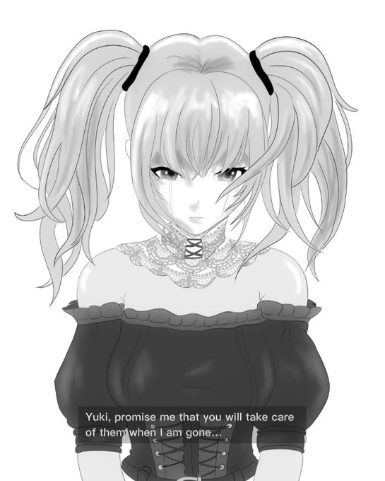 A grayscale anime-style illustration of a girl with twin tails wearing an off-shoulder lace dress, with subtitle text reading "Yuki, promise me that you will take care of them when I am gone..." — visually reinforcing the post's announcement of the "Yuki Life Companion" app launch, where the character's name ties directly to the $YUKI token narrative.