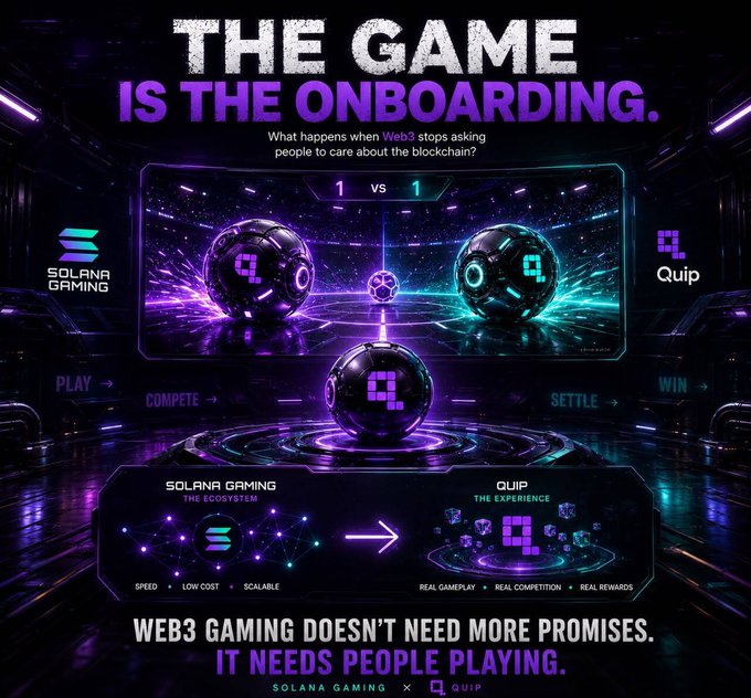 A promotional graphic with the text 'THE GAME IS THE ONBOARDING' and 'WEB3 GAMING DOESN'T NEED MORE PROMISES. IT NEEDS PEOPLE PLAYING' advertises a partnership between 'SOLANA GAMING' and 'QUIP'.