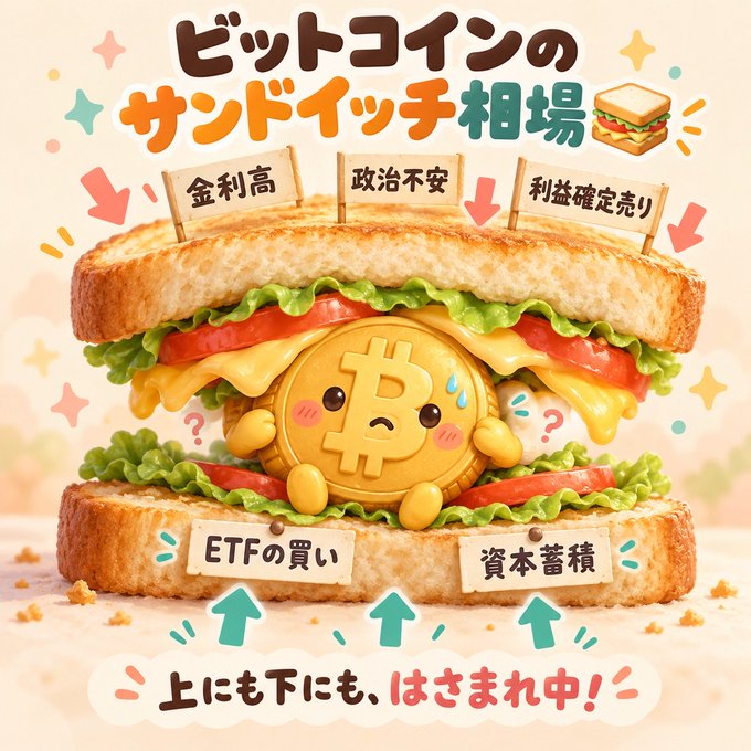 A Japanese illustrated graphic titled 'ビットコインのサンドイッチ相場' (Bitcoin Sandwich Market) showing a worried Bitcoin character inside a sandwich surrounded by downward arrows labeled with negative factors and upward arrows labeled with positive factors like 'ETFの買い' and '資本蓄積'.