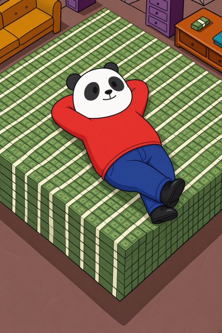 A cartoon illustration of a panda character wearing a red shirt and blue pants, lying relaxed on a floor made of stacked bundles of cash.
