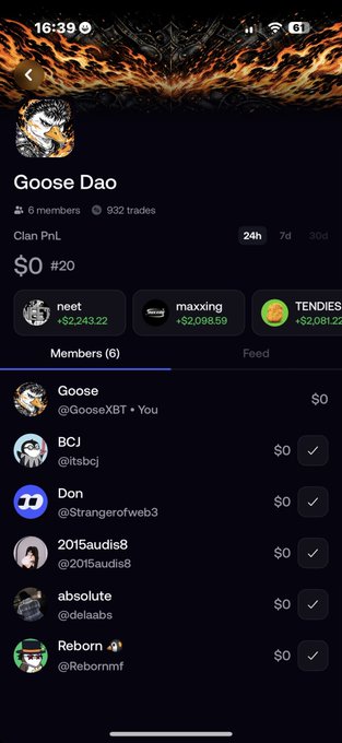 Screenshot of a 'Goose Dao' clan PnL page showing $0 total, 6 members, and 932 trades over a 24h period, featuring users like Goose, BCJ, Don, and Reborn.