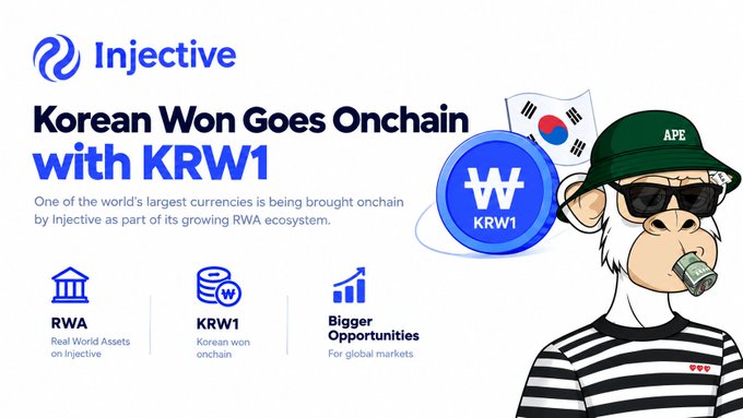 Promotional graphic reading “Injective” and “Korean Won Goes Onchain with KRW1,” featuring RWA, KRW1, Bigger Opportunities, and an ape character wearing an APE hat.