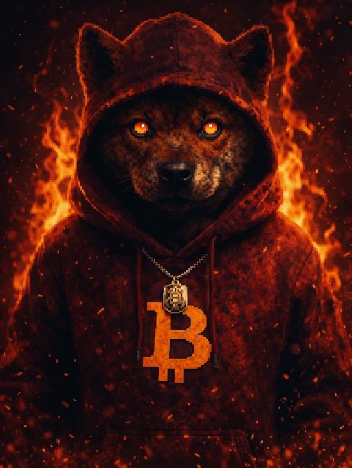 In the image, a dog wearing a hooded sweatshirt with an "B" logo on its chest is standing against a backdrop of flames. The text accompanying the image reads "The $DOG of Bitcoin is showing some serious this weekend". This suggests that the dog might be associated with Bitcoin or cryptocurrency in some way, possibly as a mascot or symbol for the digital currency.