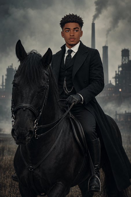 A young man in a black Victorian-style suit sits atop a dark horse, with industrial smokestacks looming in the background, evoking a moody, steampunk aesthetic that mirrors the post's TGIF greeting by blending classic elegance with an atmospheric, "morning ride" vibe.