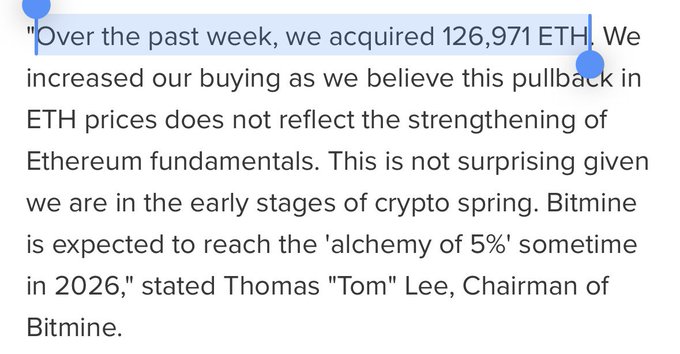 The image shows a text box with a quote from an article about Bitcoin. It appears that someone has posted this information as part of a discussion or conversation related to Bitcoin. The quote reads, "Over the past week, we acquired 127,000 ETH over the past week", indicating that someone has been buying Etherium and is expecting its value to increase in the future.