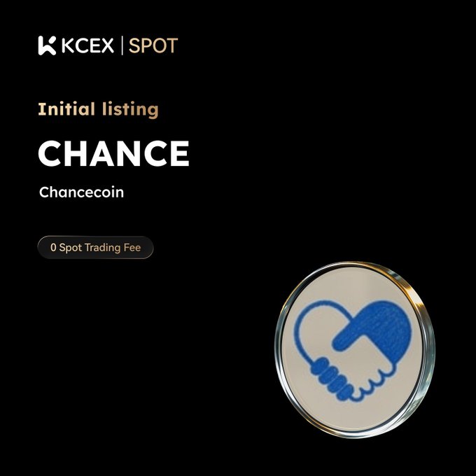 A KCEX Spot initial listing announcement for 'CHANCE' (Chancecoin) with a 0 spot trading fee promotion, displayed on a black background with a handshake coin logo.