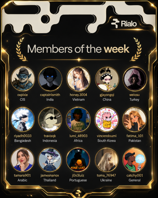 A 'Members of the Week' graphic by Rialo featuring avatars of 15 users with names like honey.3004 (Vietnam), travisqk (Indonesia), and j0s3luiz (Portuguese).
