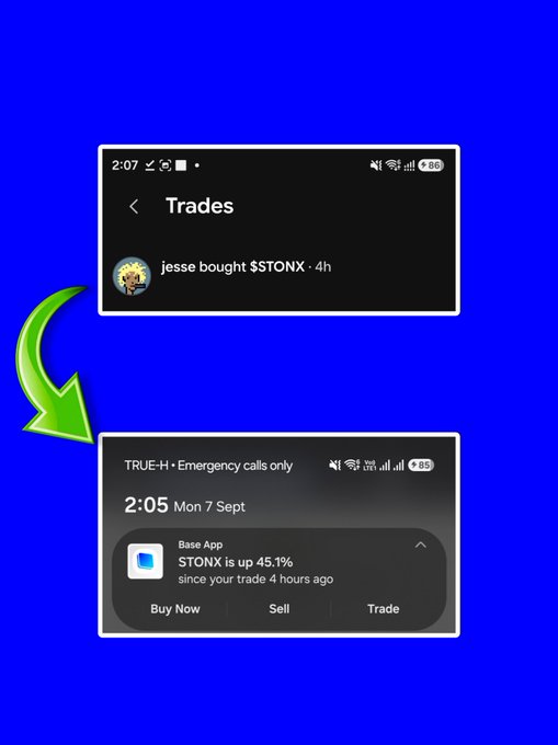 Two screenshots on a blue background showing a crypto trade: 'jesse bought $STONX' followed by a Base App notification 'STONX is up 45.1% since your trade 4 hours ago' with Buy/Sell/Trade options.