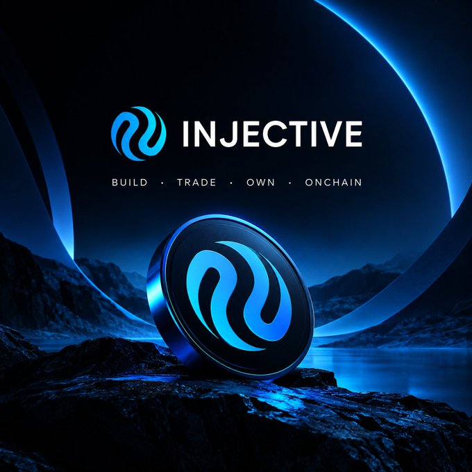 Promotional graphic for the Injective cryptocurrency, featuring its blue wave logo and the text 'BUILD · TRADE · OWN · ONCHAIN' against a dark, cosmic background.