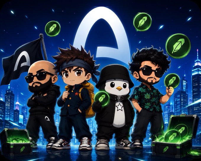 Anime-style illustration featuring four characters including a penguin, standing before a large 'A' logo with floating green feather coins and treasure chests.