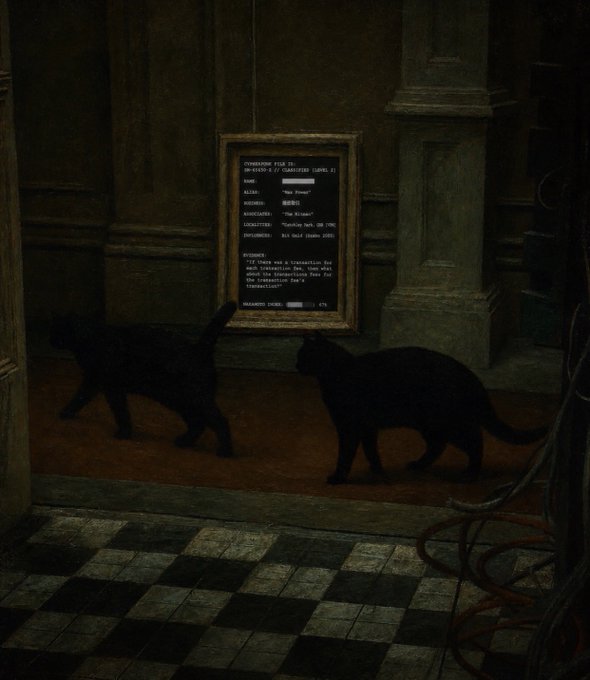 Two black cats walk across a checkered floor in front of a framed surveillance dossier reading "SURVEILLANCE FILE #1: [REDACTED] (CHARLOTTE LIESEL)" with details listing aliases "The Dream," nickname "Bruja," associates "The Dream," location "Somewhere near the river," and employment "Eric Wolfe Studios," with the C-FILES post tying into the case file aesthetic of this dim, cat-infested investigation scene.