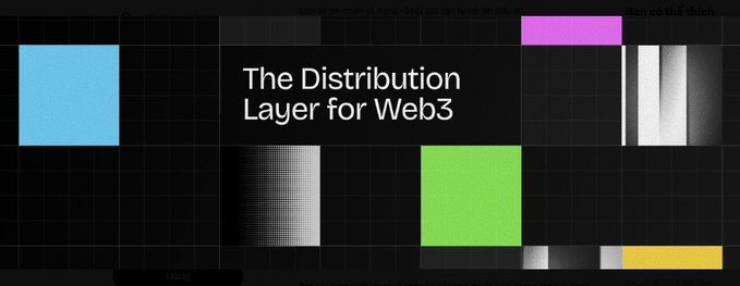 A promotional banner with a black grid background and colorful geometric blocks displays the text 'The Distribution Layer for Web3'.