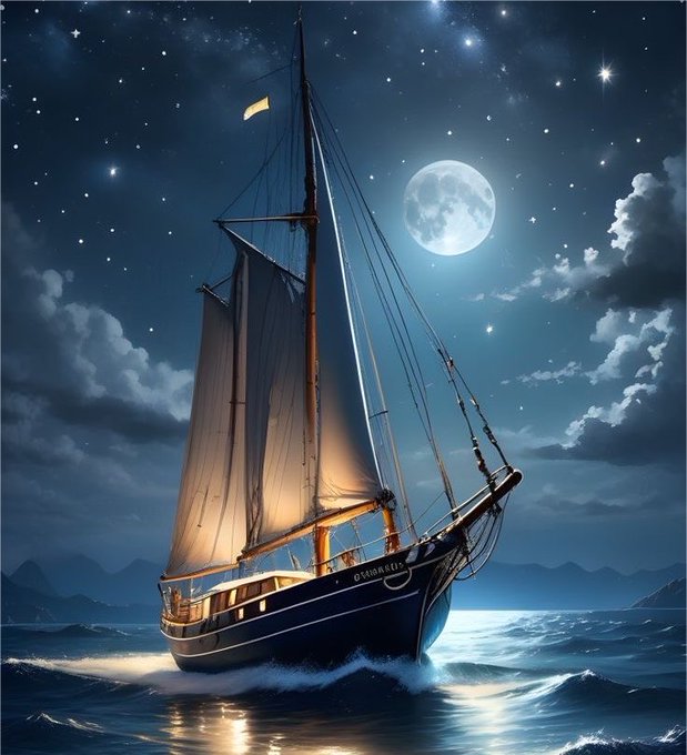 A digital illustration of a tall sailboat with white sails gliding across moonlit ocean waves under a starry night sky with a large full moon and scattered clouds.