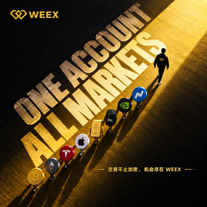 A WEEEX advertisement features a man walking toward large golden text reading 'ONE ACCOUNT ALL MARKETS,' with small figures carrying cryptocurrency and trading symbols like Bitcoin, Ethereum, and oil.