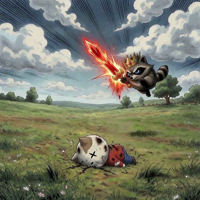 A regal, crown-wearing raccoon soars through a cloudy sky wielding a flaming sword, while a defeated stuffed cat toy (with "X" eyes and a red sweater) lies cracked on the grassy ground below — a whimsical, battle-worn scene that hints at more adventures yet to unfold, matching the "More to come." caption.