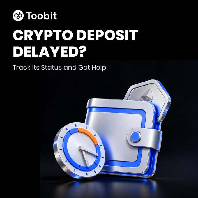 A Toobit promotional graphic with the text 'CRYPTO DEPOSIT DELAYED? Track Its Status and Get Help,' featuring a 3D illustration of a silver wallet and a clock on a black background.