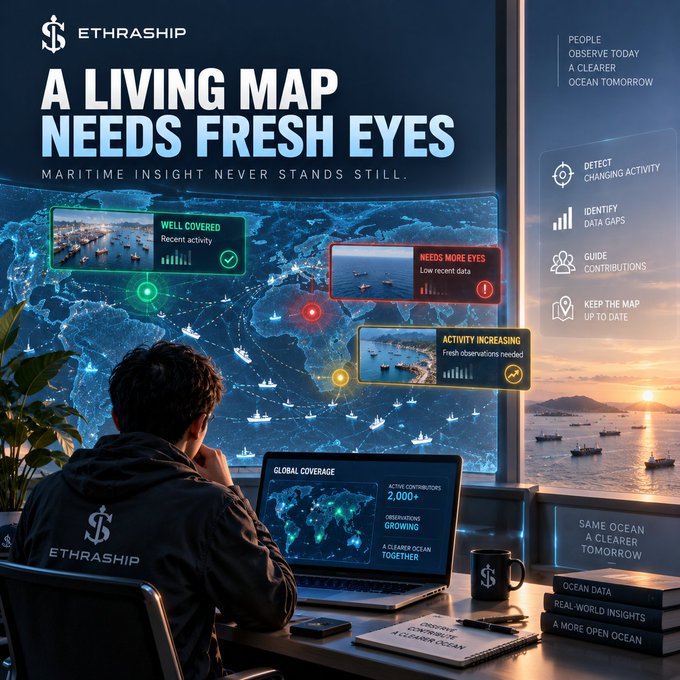 A promotional graphic for 'ETHRASHIP' titled 'A Living Map Needs Fresh Eyes' showing a person viewing a maritime insight dashboard with global shipping activity and status indicators like 'Well Covered' and 'Needs More Eyes.'