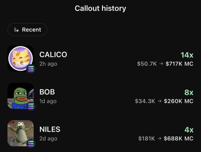 The image shows a "Callout history" dashboard on what appears to be a crypto callout app, featuring three recent callouts: CALICO (2h ago, $50.7K → $717K MC, 14x), BOB (1d ago, $34.3K → $260K MC, 8x), and NILES (2d ago, $181K → $688K MC, 4x), all delivering solid multipliers. The post emphasizes the strategy of calling strong, organically-running narratives rather than acting as the "callout lead" for dead coins—exemplified by these three successful picks made over three consecutive days.