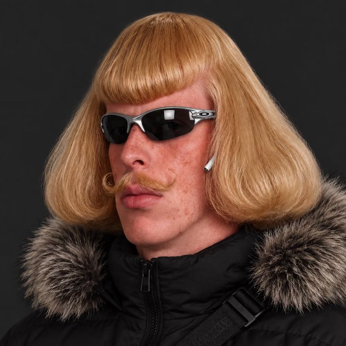 A portrait of a person wearing a blonde bob wig with bangs, a curled mustache, Oakley-style sunglasses, and a black jacket with a fur-lined hood.